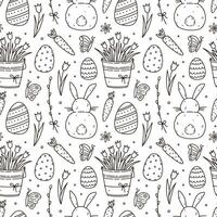 süß nahtlos Muster mit Ostern Eier, Schmetterlinge, Hasen und Blumen. handgemalt Gekritzel Illustration. perfekt zum Urlaub Entwürfe, drucken, Dekorationen, Verpackung Papier, Hintergrund. vektor