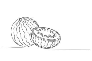 kontinuerlig ett linje teckning av skivad och hela friska organisk vattenmelon för fruktträdgård logotyp identitet. färsk fruitage begrepp för frukt trädgård ikon. enda linje dra design grafisk illustration vektor