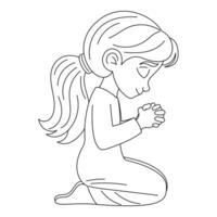 Süss wenig Mädchen beten auf Knie, handgemalt, Linie Kunst Illustration, Weiß Hintergrund vektor