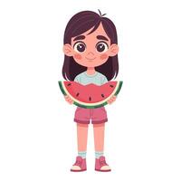 Mädchen Essen Wassermelone, Glücklich, lustig, Sommer- Jahreszeit, erfrischend, mit Wassermelone Scheibe im Hand, handgemalt, eben Illustration, Weiß Hintergrund vektor