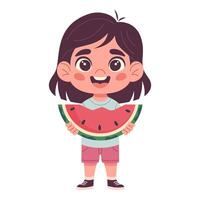 Mädchen Essen Wassermelone, Glücklich, lustig, Sommer- Jahreszeit, erfrischend, mit Wassermelone Scheibe im Hand, handgemalt, eben Illustration vektor