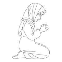 süß Mädchen im Kopftuch beten auf Knie mit geschlossen Augen, lesen Gebet, handgemalt, Linie Kunst Illustration, Weiß Hintergrund vektor