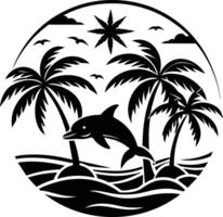 Delfin und Palme Bäume im das Ozean vektor
