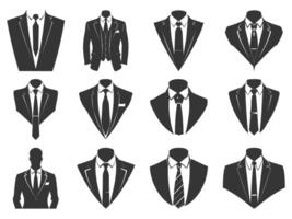 Geschäft Anzüge mit Krawatte Silhouette Satz, Anzüge Krawatte Silhouette, eben passen und Krawatte Symbol, Smoking Silhouette, stilvoll Fachmann Smoking. vektor