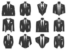företag kostymer med slips silhuett uppsättning, kostymer slips silhuett, platt kostym och slips ikon, smoking silhuett, eleganta professionell smoking. vektor