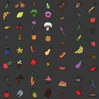 Große Reihe von farbigen Lebensmittelsymbolen. Symbole von Meeresfrüchten, Pilzen, Süßigkeiten, Gemüse und Obst. Vektor-Food-Icons vektor
