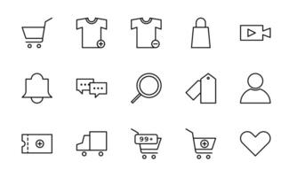 E-Commerce Symbol Satz. enthält Zahlung, Lieferung, besorgen, Coupon, Tasche, und Verkauf Symbole. dünn Symbol Sammlung. vektor