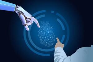 robot hand och läkare artificiell intelligens ai bistånd i medicinsk öva. innovativ teknik i vetenskap, medicinsk sjukvård vektor
