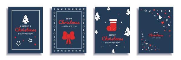 god jul och nytt år 2022 broschyromslag set. xmas minimal banner design med festliga träd, röda rosetter och strumpor på blå bakgrund. vektorillustration för flygblad, affisch eller gratulationskort vektor