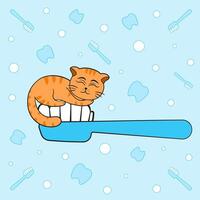 süß rot Katze Schlafen auf Zahnbürste Karikatur vektor