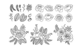 Satz floraler Elemente für Design, Rosen Lineart handgezeichnet, Vektorblumenstrauß, Satzelement der einfachen Hochzeitseinladungskarte. vektor