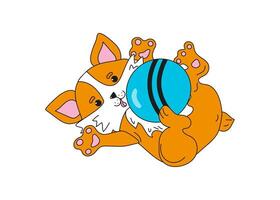 söt rolig valp spelar med en boll. tecknad serie corgi hund. glad sällskapsdjur med leksak på isolerat bakgrund. vektor
