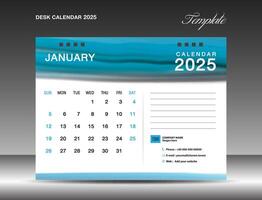 Schreibtisch Kalander 2025 - - Januar 2025 Vorlage, Kalender 2025 Design Vorlage, Planer, einfach, Mauer Kalender Design, Woche beginnt auf Sonntag, Drucken, Werbung, Blau Aquarell Hintergrund, vektor