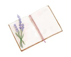 öppen bok med blomma lavendel. hand dragen litteratur för läsning och studie. vattenfärg illustration vektor