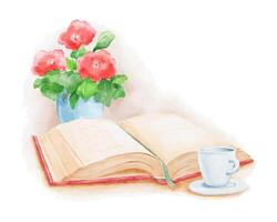 illustration av scen med öppen bok, röd blomma i pott och kopp av te eller kaffe. vektor