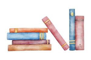 böcker på bokhylla i bibliotek. hand dragen litteratur för läsning och studie. vattenfärg illustration vektor