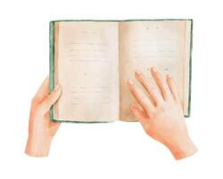 öppen bok i kvinna händer. hand dragen litteratur för läsning och studie. vattenfärg illustration vektor