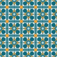 arabicum geometrisk mosaik- tryckbar sömlös mönster med abstrakt marockansk skriva ut i blå och orange färger. ramadan kareem traditionell islamic konst illustration bakgrund vektor