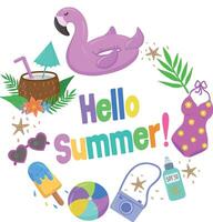 Hej sommar bakgrund mall. hälsning Hallå, sommar med färgrik strand element i de form av en hatt, is grädde, baddräkt, sjöstjärna, solglasögon,enhörning,kamera, tofflor. banner, bakgrund vektor