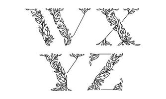 blommig illustration alfabetet vektorgrafiskt teckensnitt gjord av blom- och bladväxter kreativ handritad linjekonst för abstrakt och naturlig naturstil i unik monokrom designdekoration vektor