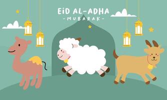 helig eid al Adha mubarak söt baner tecknad serie klotter vektor