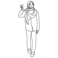 illustriert umrissen weiblich Mädchen mit Hand Frieden im Schals Linie Kunst. Muslim Hijab Frauen Herstellung Frieden Hand Zeichen Gliederung Illustration Element. vektor
