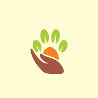 Sol och blad hand logotyp design för jordbruks företag vektor