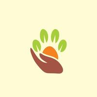 Sonne und Blatt Hand Logo Design zum landwirtschaftlich Geschäft vektor