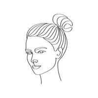 kontinuierlich einer Linie Kunst von schön Frauen Gesichter. Haar Brötchen und Frisur minimalistisch Gliederung feminin Umriss. weiblich Porträt. vektor