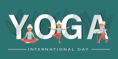 International Yoga Tag. Yoga posiert einstellen mit Briefe und Lotus Blumen. ein Frau Praktiken Methoden Ausübungen Yoga. Illustration, Poster, Banner vektor
