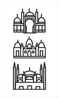 Satz von 3 Moschee-Linien-Kunst-Symbol. Verwendung für islamische Veranstaltungen wie Ramadan Kareem und Eid Mubarak oder für Piktogramme. Moschee-Linien-Kunstvektor für islamisches Zeichen, Symbol, Symbol oder Logo vektor