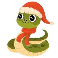 söt tecknad serie orm. kinesisk 2025 ny år symbol, Lycklig djur- karaktär maskot i santa hatt. Lycklig rolig orm med fläckar på hud. färgad platt illustration isolerat på vit bakgrund vektor