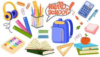 Schule und Bildung süß Aufkleber Vorlage Satz. bündeln von Lehrbücher, Schreibwaren liefern, Objekte. Scrapbooking Elemente. vektor