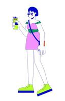 schmollen japanisch Frau halten Flasche 2d linear Karikatur Charakter. unzufrieden asiatisch weiblich mit Wasser isoliert Linie Person Weiß Hintergrund. Durst Problem Farbe eben Stelle Illustration vektor