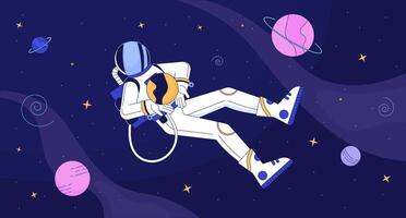 astronaut i yttre Plats lofi tapet. explorer i skyddande kostym bland himmelsk kroppar 2d tecknad serie platt illustration. kosmos djup upptäcka kyla konst, lo fi estetisk färgrik bakgrund vektor