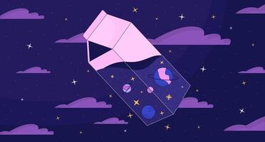 kosmisk mjölk i natt himmel lofi tapet. transparent packa med planeter och stjärnor 2d tecknad serie platt illustration. dröm handla om Plats utforskning kyla konst, lo fi estetisk färgrik bakgrund vektor