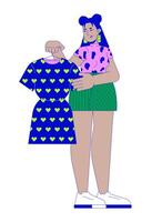 unzufrieden Latina Frau halten Aufhänger mit Kleid 2d linear Karikatur Charakter. kurvig spanisch weiblich Rückkehr Kleider isoliert Linie Person Weiß Hintergrund. Einkaufen Farbe eben Stelle Illustration vektor
