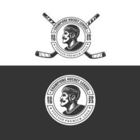 Eishockey retro Jahrgang Abzeichen mit Spieler Kopf und gekreuzt Stöcke Logo Design Grafik Illustration vektor