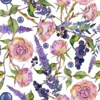 hand dragen vattenfärg illustration sjaskig boho botanisk blommor löv. reste sig höft pärla pärlor veronica lavendel- indigo bär rosa pastell. sömlös mönster isolerat vit. design bröllop papper tyg vektor