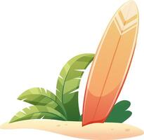Surfbrett im Sand auf Hintergrund von tropisch Gebüsch. Karikatur Illustration, Hallo Sommer- vektor