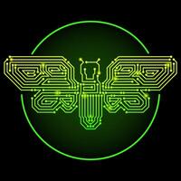 Techno Stil Neon- Insekt Symbol. Motte, Zikade im das bilden von Labyrinth, Blockchain, Digital Kommunikation. Logo vektor