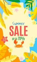 Vertikale Sommer- Verkauf Banner mit tropisch Blätter und Krabbe. vektor