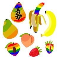 ein einstellen von Früchte gemalt im alle Farben von das Regenbogen. Pfirsich, Banane, Papaya, Erdbeere. das mehrfarbig Früchte Schnitt Innerhalb sind ganze und Hälften im lgbt Farben. geeignet zum Webseite, Blog, Produkt vektor