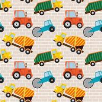 nahtlos Muster mit Konstruktion Fahrzeuge auf Backstein Hintergrund, mit Traktor, LKW, Beton Rührgerät, Walze vektor