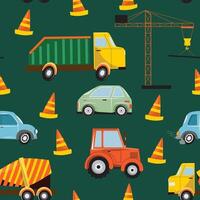 Grün nahtlos Muster mit Lastwagen, Traktoren, Autos, Kräne, und Konstruktion Zapfen zum Textil, Hintergrund, Kinder bekleidung vektor