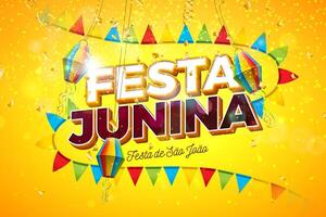 festa junina Illustration mit Party Flaggen und 3d Beschriftung auf Gelb Hintergrund. Brasilien Juni traditionell Urlaub Festival Design zum Feier Banner, Gruß Karte, Einladung oder Poster vektor