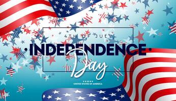 4:e av juli oberoende dag av de USA illustration med amerikan flagga mönster stjärna och fest ballong på blå bakgrund. fjärde av juli nationell firande design med typografi brev för vektor
