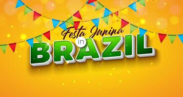 festa junina illustration med fest flaggor och 3d Brasilien brev på gul bakgrund. Brasilien juni traditionell Semester festival design för firande baner, hälsning kort, inbjudan eller affisch vektor