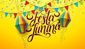 festa junina illustration med fest flaggor, papper lykta och typografi brev på gul bakgrund. Brasilien juni traditionell Semester festival design för firande baner, hälsning kort vektor