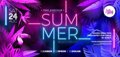 sommar fest baner design mall med lysande neon ljus på fluorescerande tropisk löv bakgrund. sommar firande Semester illustration för baner, flygblad, inbjudan eller firande affisch. vektor